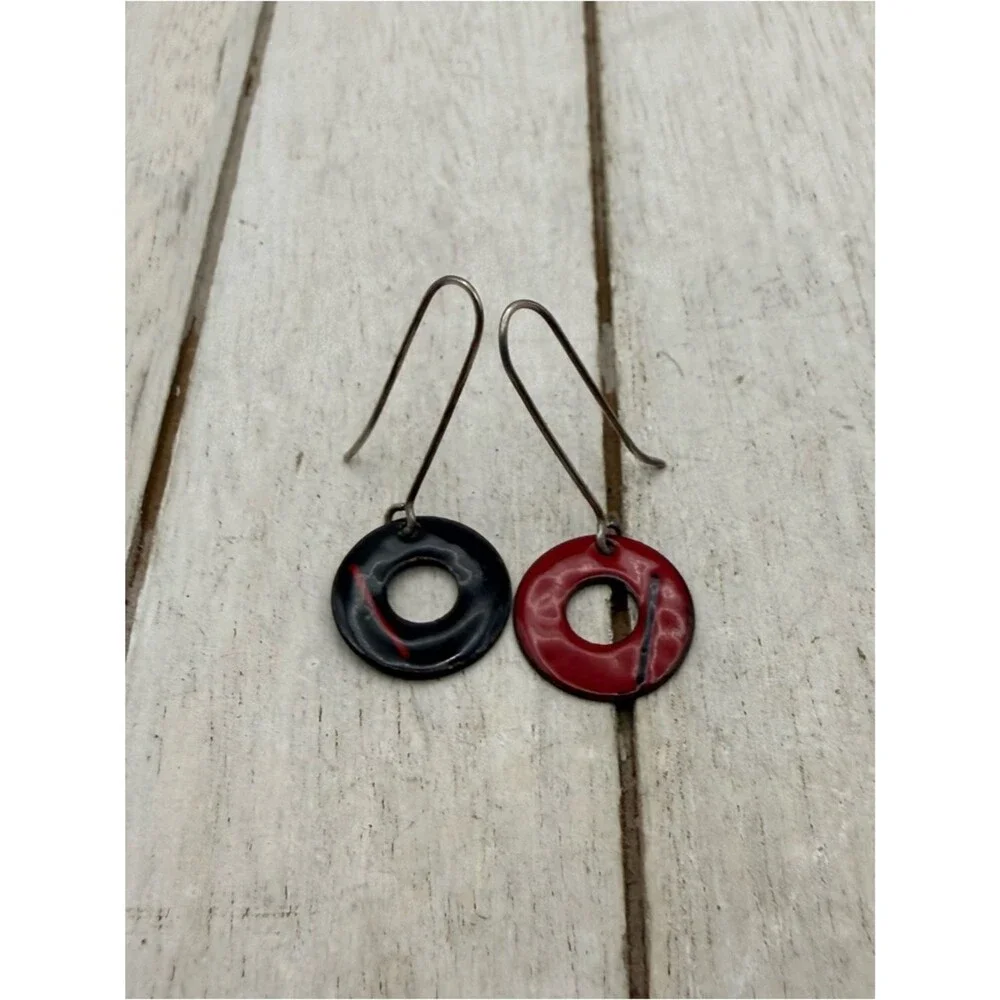 Pop art Handcrafted Red and Black Enamel Donut Drop Earrings